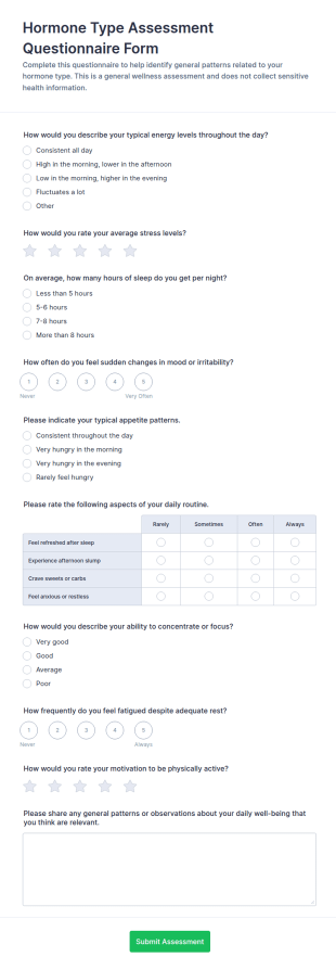 Hormone Type Assessment Questionnaire Form Template