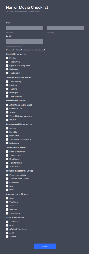 Horror Movie Checklist Form Template