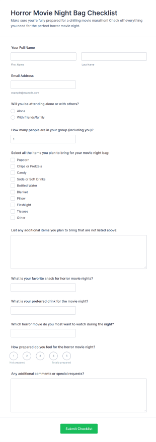 Horror Movie Night Bag Checklist Form Template