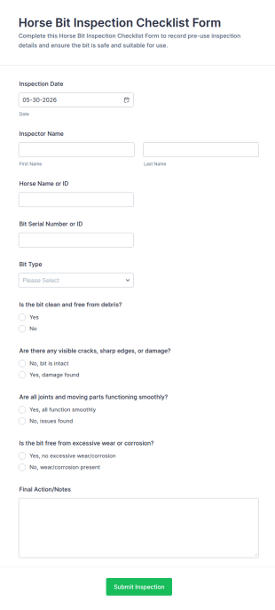 Horse Bit Inspection Checklist Form Template