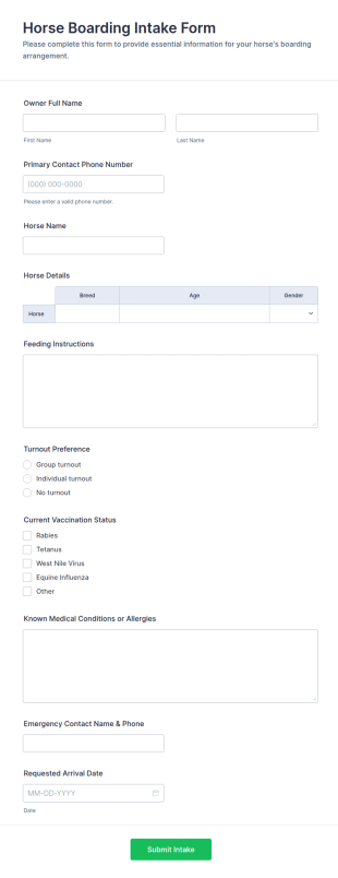 Horse Boarding Intake Form Template