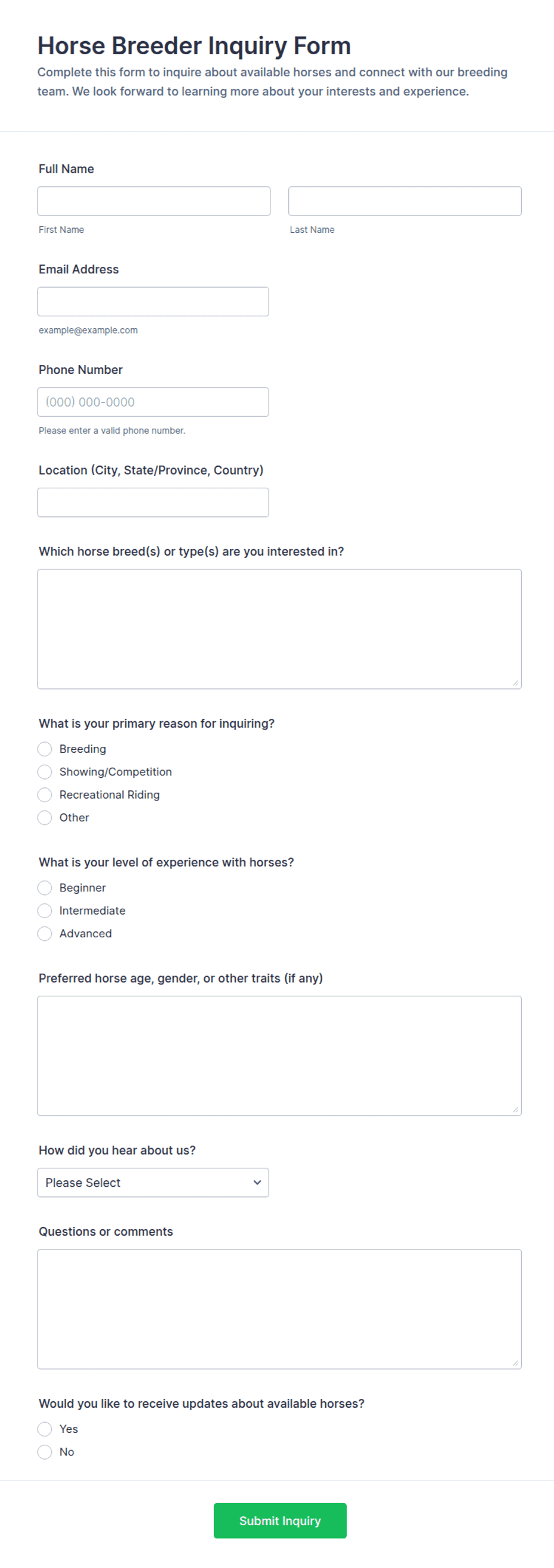 Horse Breeder Inquiry Form Template | Jotform