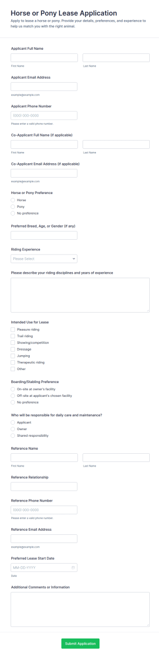Horse Or Pony Lease Application Form Template