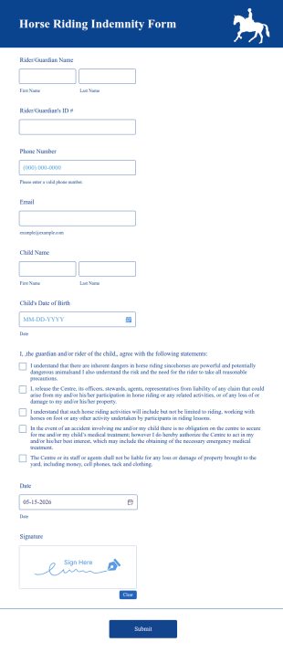 Horse Riding Indemnity Form Template
