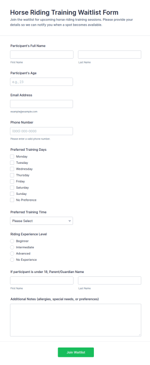Horse Riding Training Waitlist Form Template