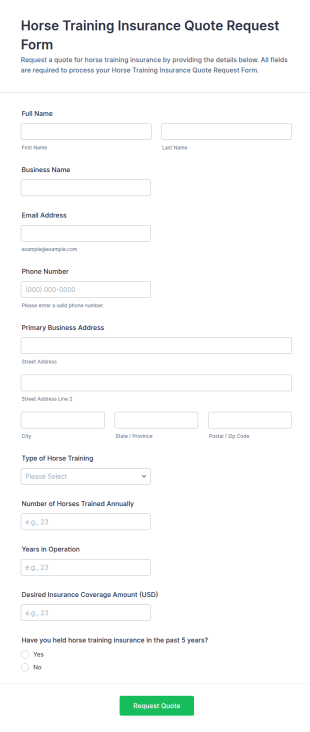 Horse Training Insurance Quote Request Form Template