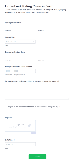 Horseback Riding Release Form Template