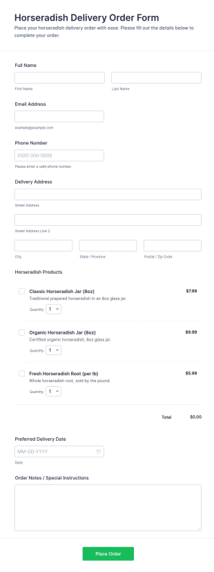 Horseradish Delivery Order Form Template