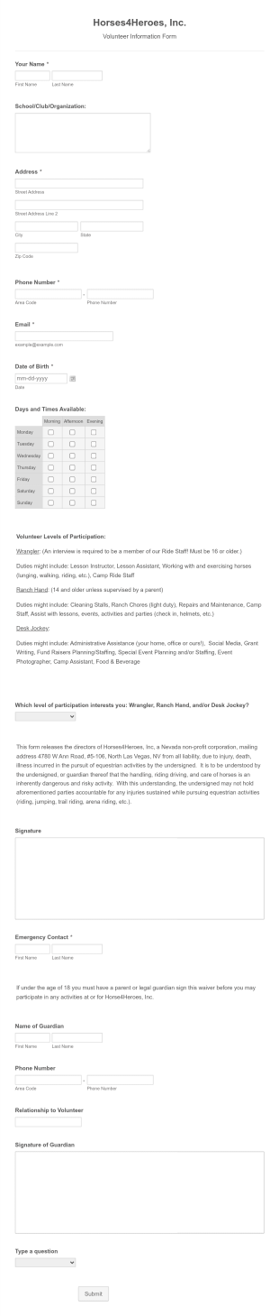 Horses4Heroes, Inc. Volunteer Information Form Template