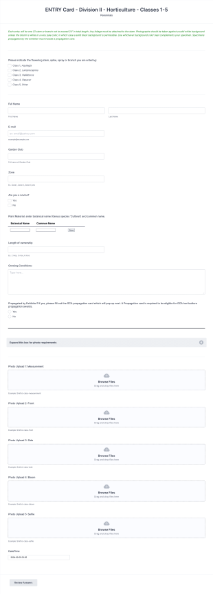 Horticulture Entry Card Form Template