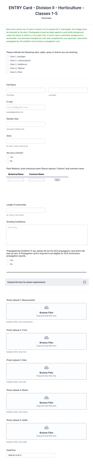 Horticulture Entry Card Form Template