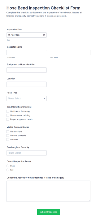 Hose Bend Inspection Checklist Form Template