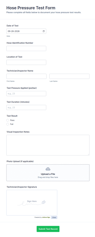 Hose Pressure Test Form Template