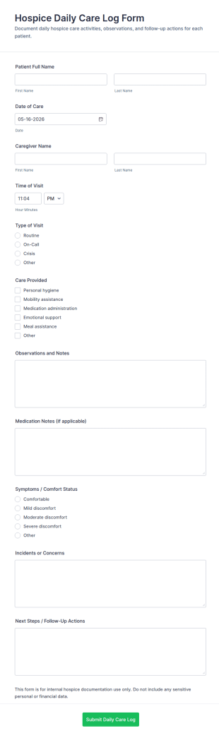 Hospice Daily Care Log Form Template