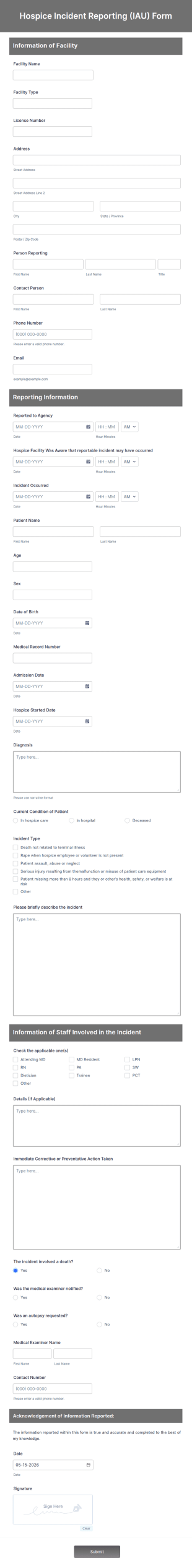 Hospice Incident Reporting (IAU) Form Template