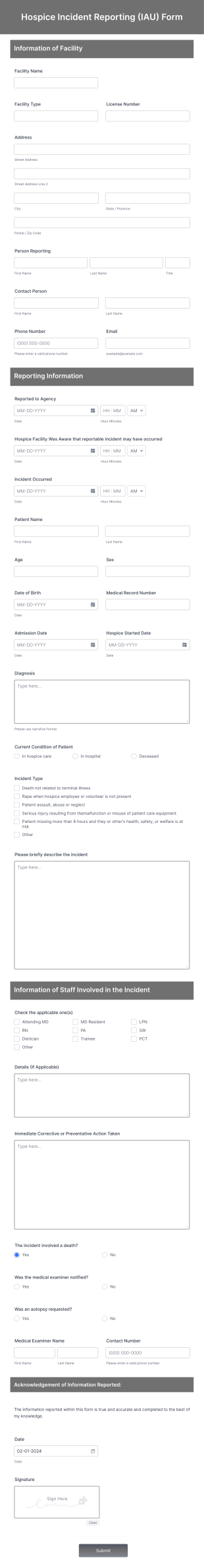 Hospice Incident Reporting (IAU) Form Template
