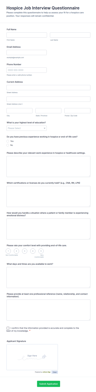 Hospice Job Interview Questionnaire Form Template