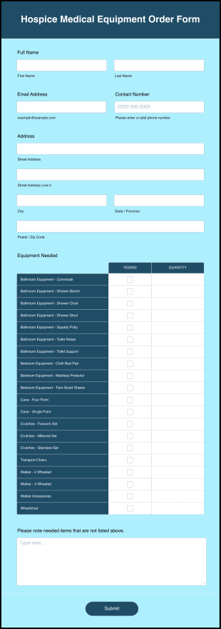 Hospice Medical Equipment Order Form Template