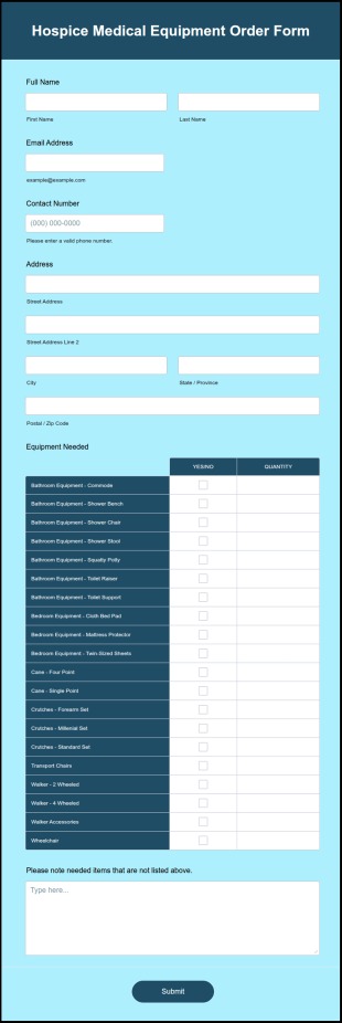 Hospice Medical Equipment Order Form Template