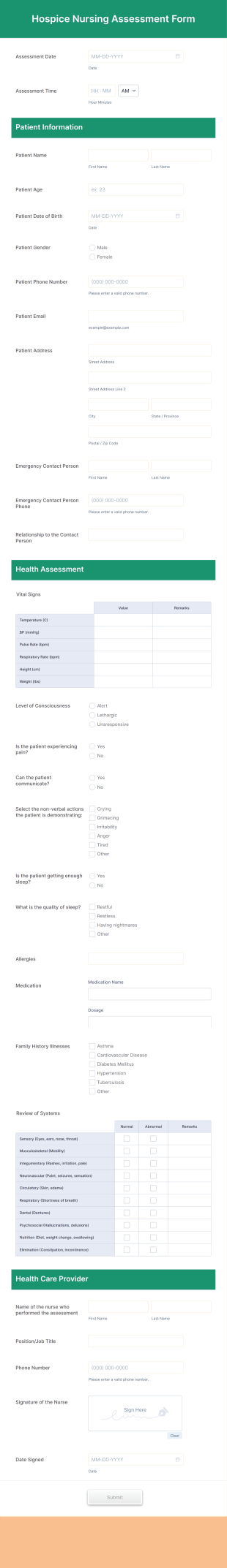 Hospice Nursing Assessment Form Template