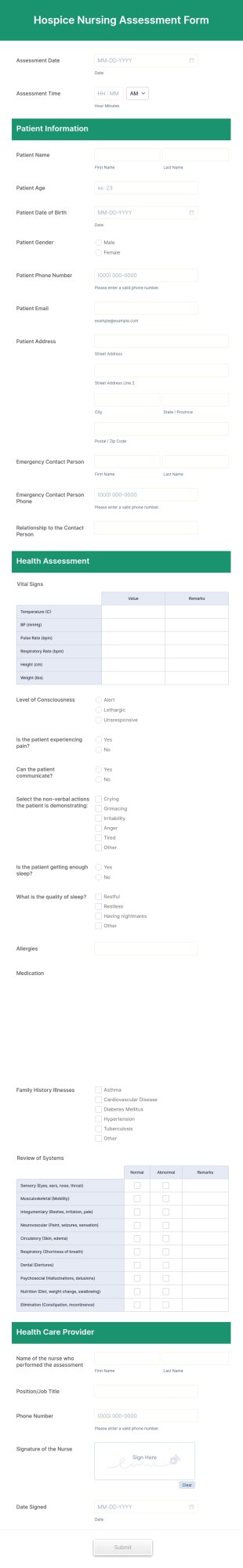 Hospice Nursing Assessment Form Template