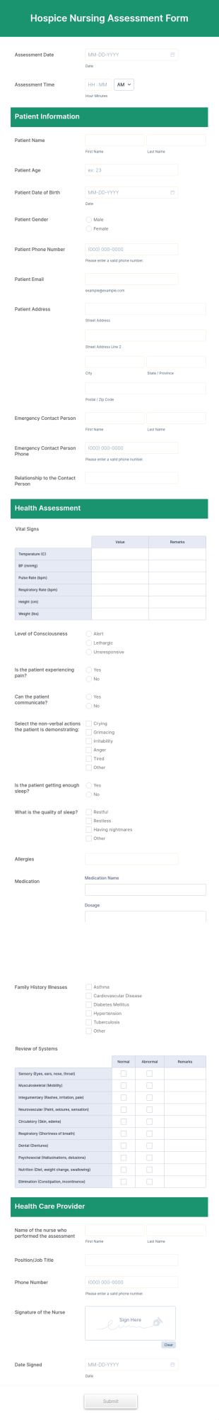 Hospice Nursing Assessment Form Template