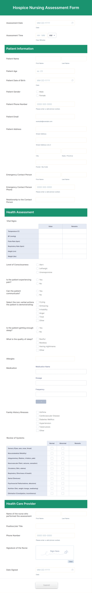 Hospice Nursing Assessment Form Template