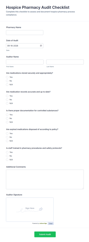 Hospice Pharmacy Audit Checklist Form Template