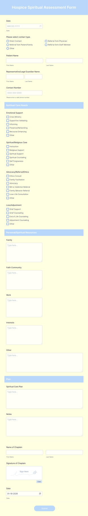 Hospice Spiritual Assessment Form Template