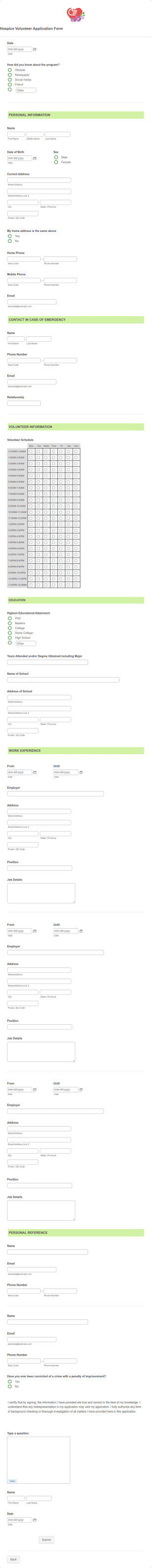 Hospice Volunteer Application Form Template