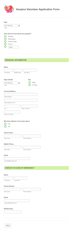 Hospice Volunteer Application Form Template