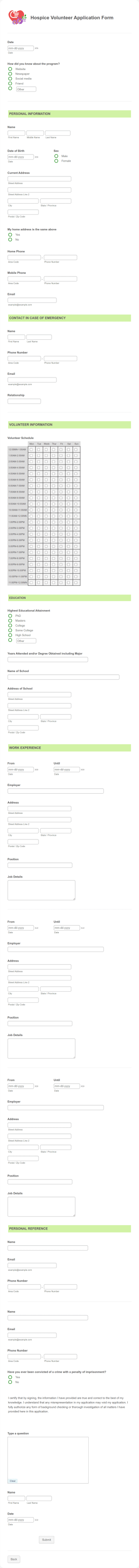 Hospice Volunteer Application Form Template