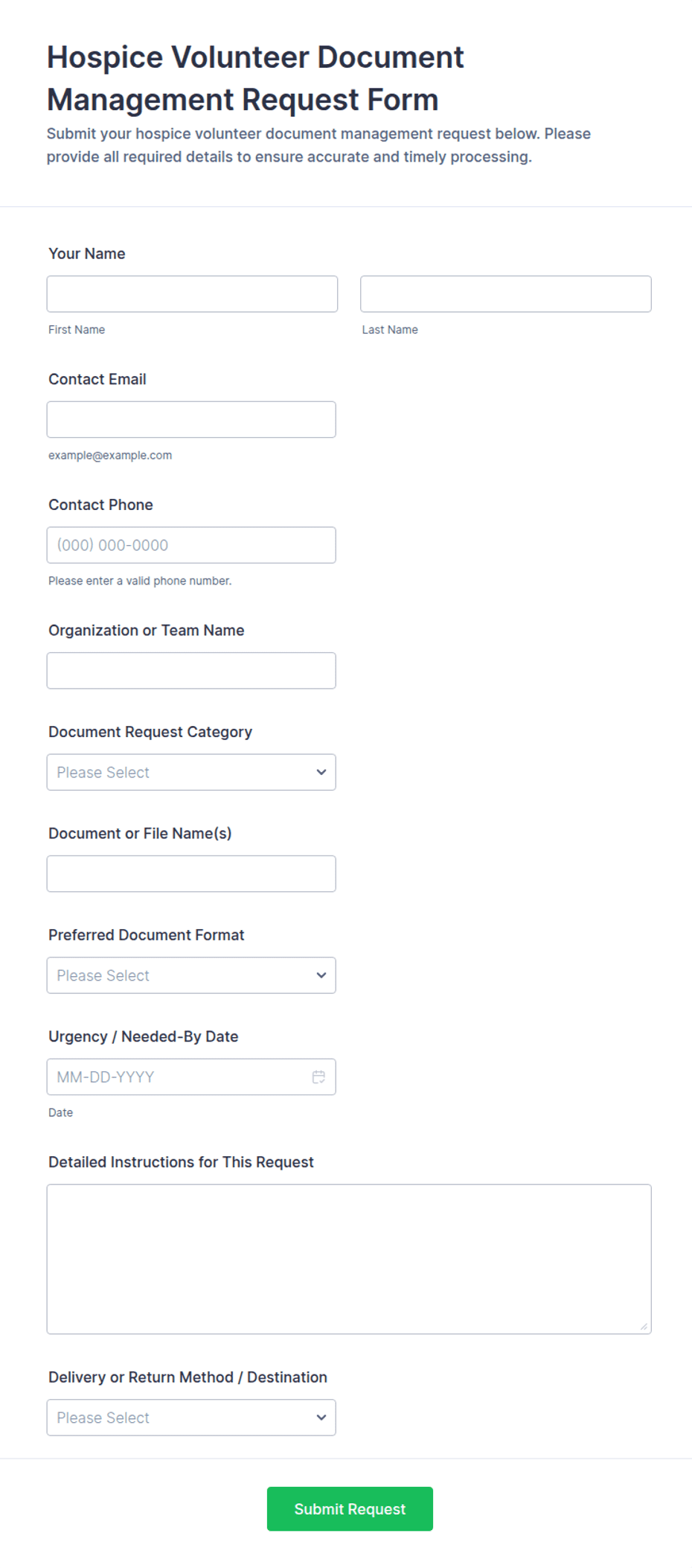 Hospice Volunteer Document Management Request Form Template | Jotform