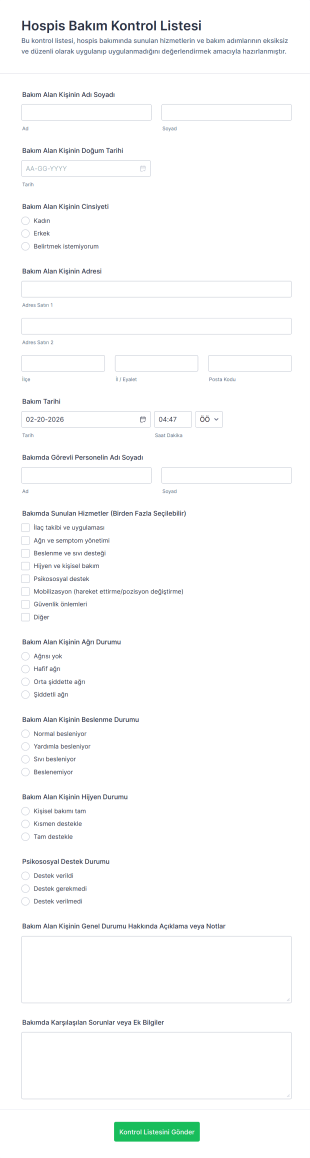 Hospis Bakım Kontrol Listesi Form Şablonu