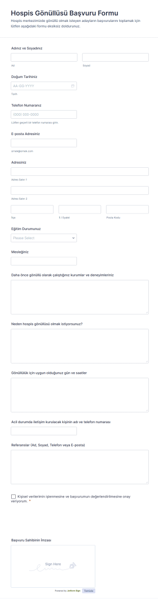 Hospis Gönüllüsü Başvuru Form Şablonu