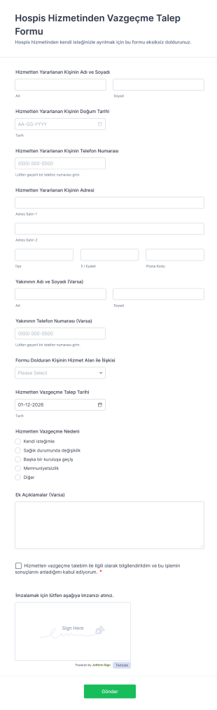Hospis Hizmetinden Vazgeçme Talep Form Template
