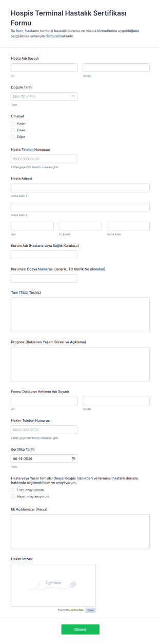 Hospis Terminal Hastalık Sertifikası Form Şablonu