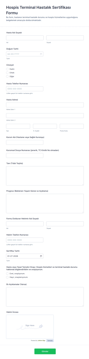 Hospis Terminal Hastalık Sertifikası Form Şablonu