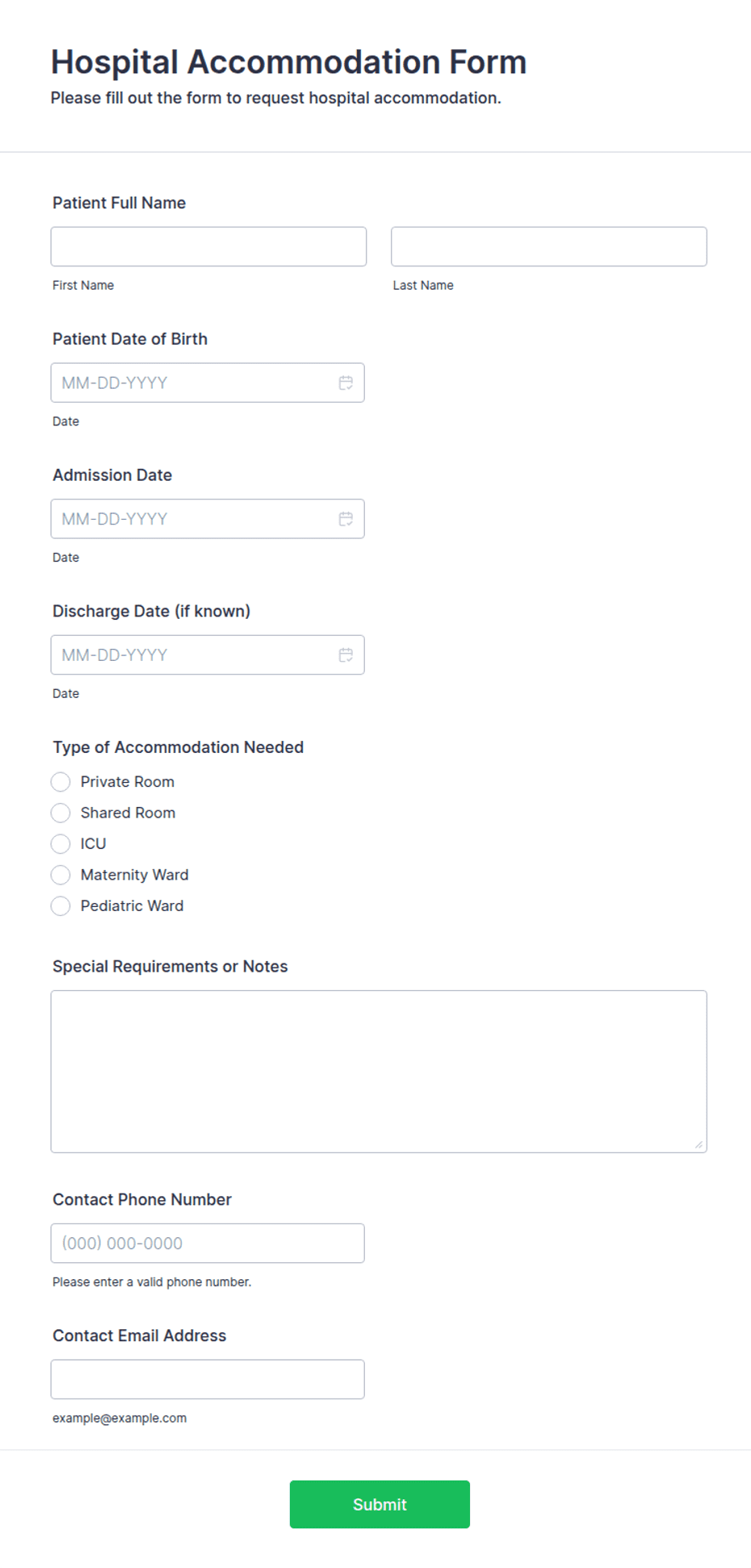 Hospital Accommodation Form Template | Jotform