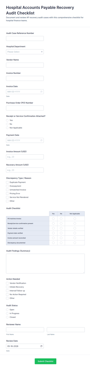 Hospital Accounts Payable Recovery Audit Checklist Form Template