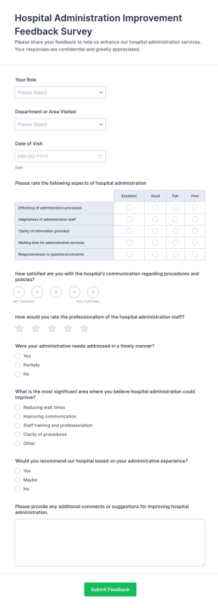 Hospital Administration Improvement Feedback Survey Form Template