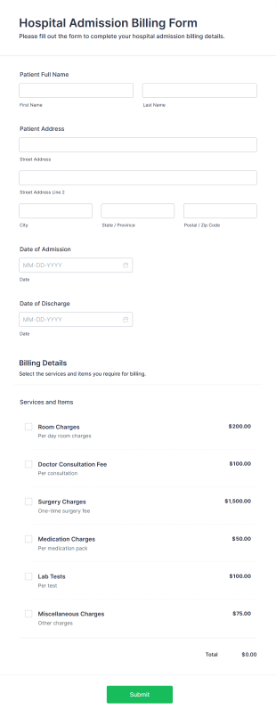 Hospital Admission Billing Form Form Template