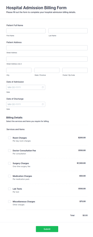 Hospital Admission Billing Form Template