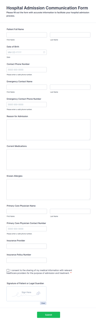Hospital Admission Communication Form Template