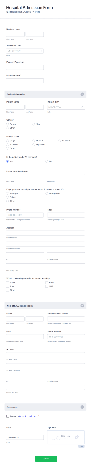 Hospital Admission Form Template