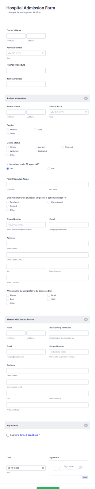 Hospital Admission Form Template