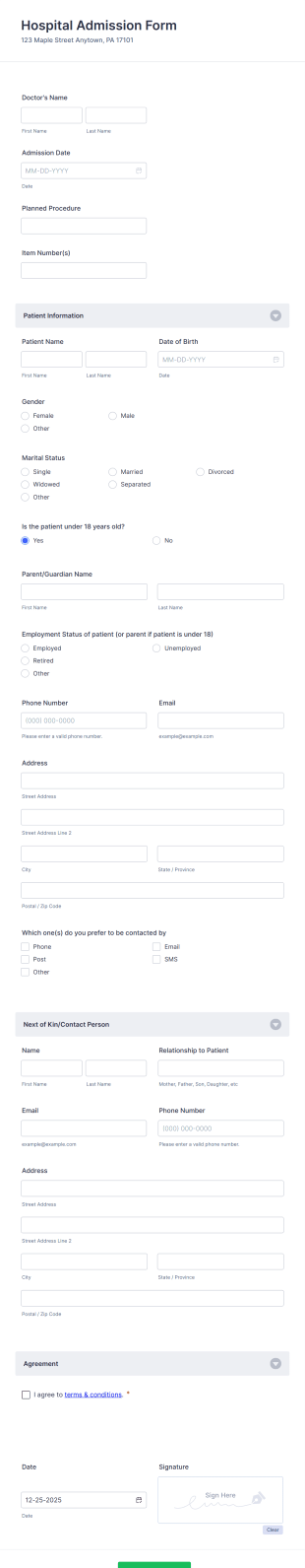 Hospital Admission Form Template