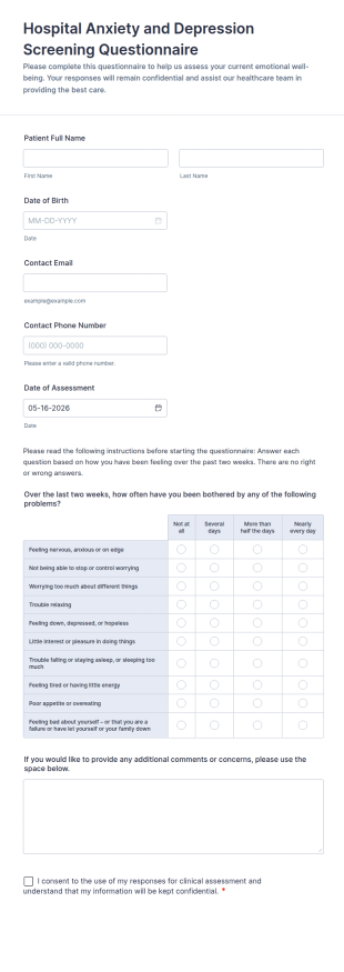 Hospital Anxiety And Depression Screening Questionnaire Form Template