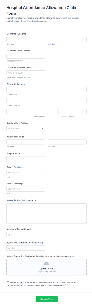 Hospital Attendance Allowance Claim Form Template