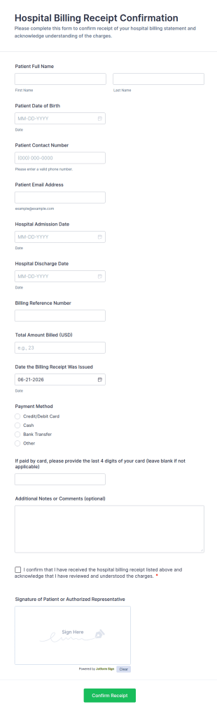 Hospital Billing Receipt Confirmation Form Template